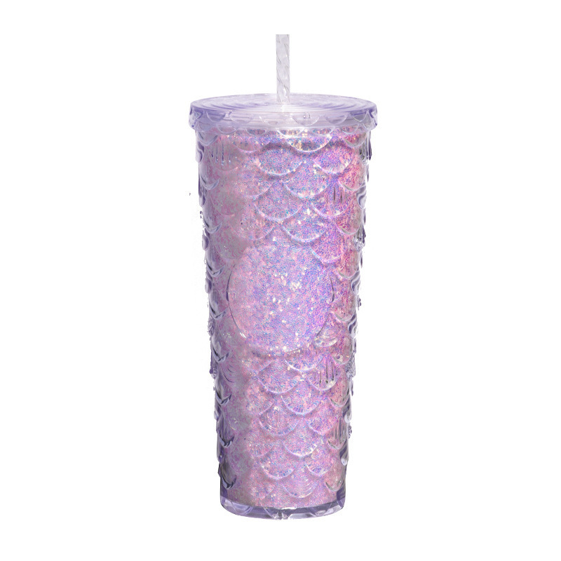 710ml Plastic Cups with Lid and Straw Hot Selling Double Wall Coffee Fish Mermaid Scale Glitter Mug 24oz studded tumbler