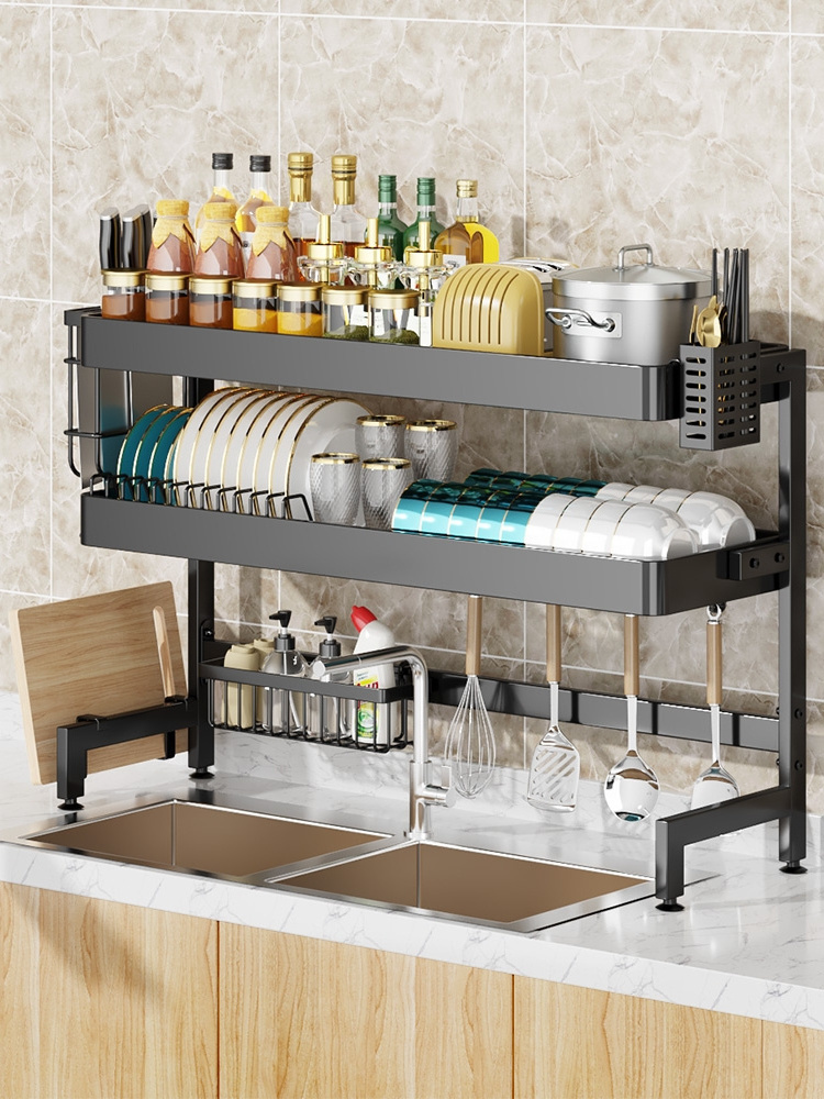 High Quality Expandable Dish Drainer Shelf Rack with Utensil Holder and Cup Hanging Set Adjustable Kitchen Dish Rack