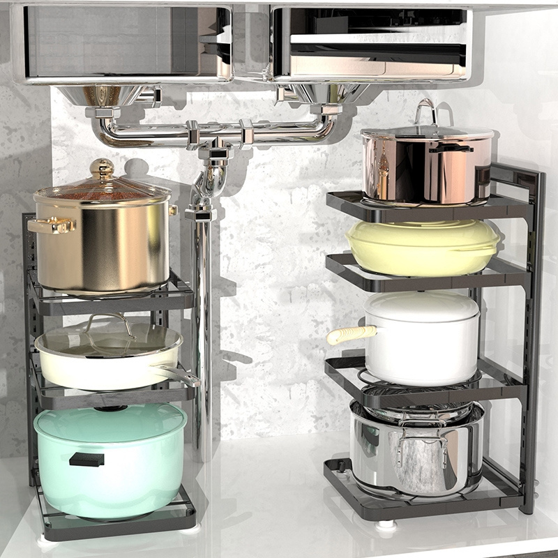 Kitchen Organization Pot Adjustable Pan Organizer Cabinet Shelf Storage Holder Expandable 2 3 4 Tiers Pot Rack Organizer