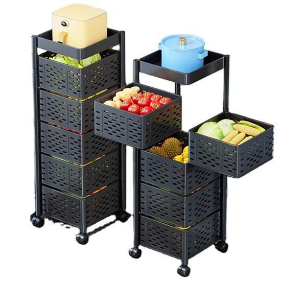 Rotating movable trolley cart floor multi layer square vegetable fruit storage basket kitchen rack