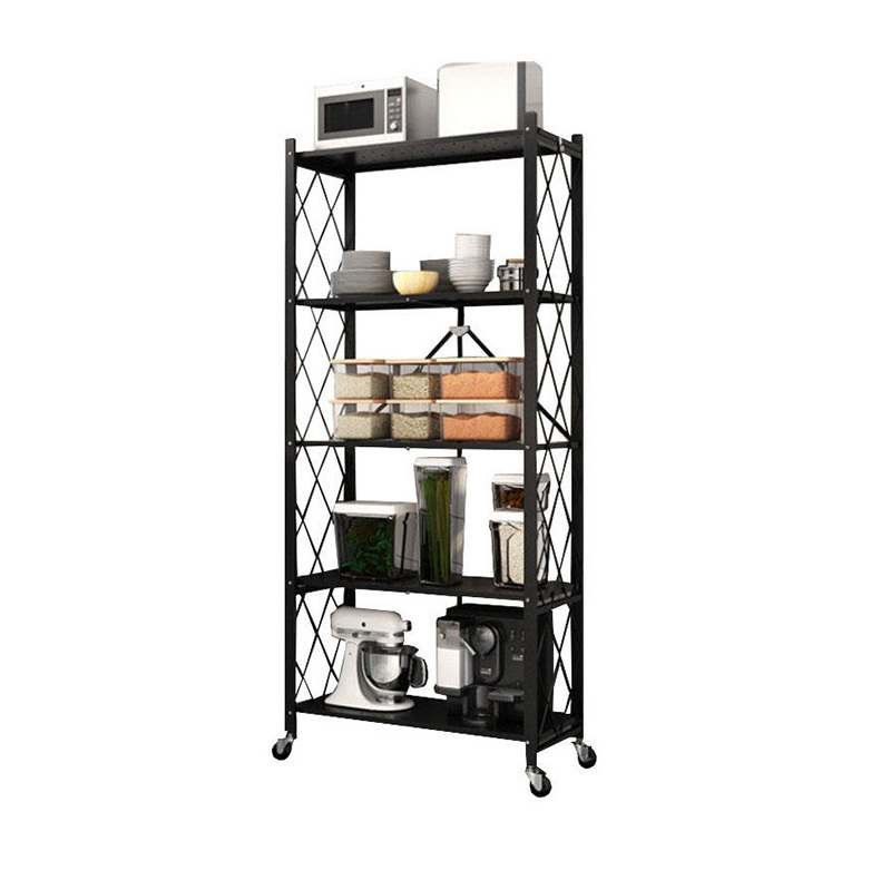 Factory Direct Sale Home Black iron Metal Wire 5 Tiers Folding Kitchen Corner Storage Shelf