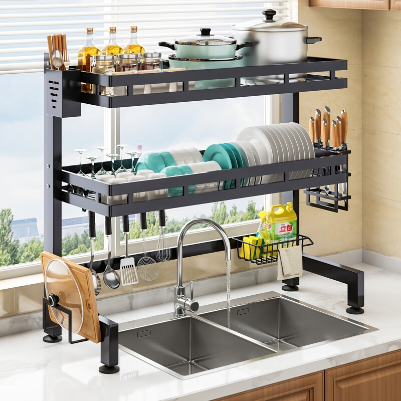 High Quality Expandable Dish Drainer Shelf Rack with Utensil Holder and Cup Hanging Set Adjustable Kitchen Dish Rack