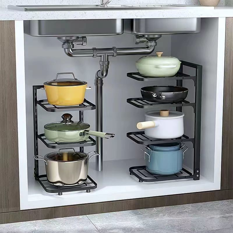 New Kitchen Counter Cabinet pan shelf Organization Storage Pot Rack Adjustable Pot Lid Organizer Holder