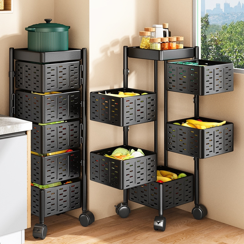 Household rotary multi-storey kitchen shelf square layered vertical  unit kitchen storage shelf trolley floor shelf