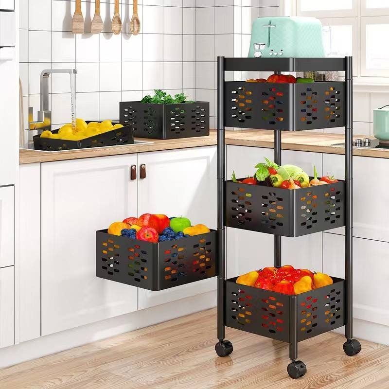 Rotating movable trolley cart floor multi layer square vegetable fruit storage basket kitchen rack