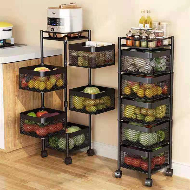 Kitchen Shelf Square Layered Standing Shelf Unit Kitchen Storage Rotating Vegetable Rack Floor Standing Rack