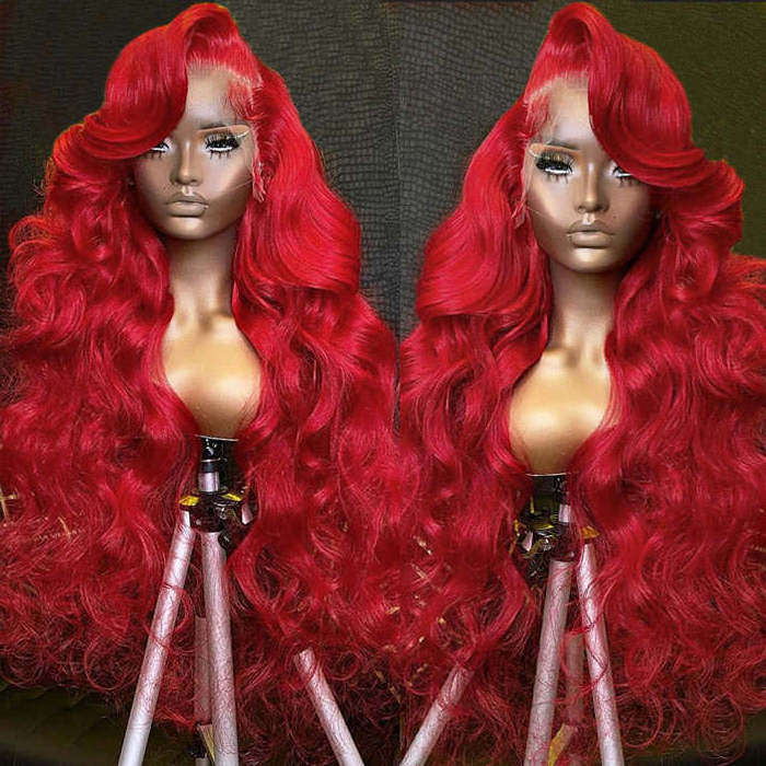 Wholesale Virgin Brazilian Hair 150% Density 13x4 Body Wave Red Colored Wigs Human Hair Transparent Lace Front Wig