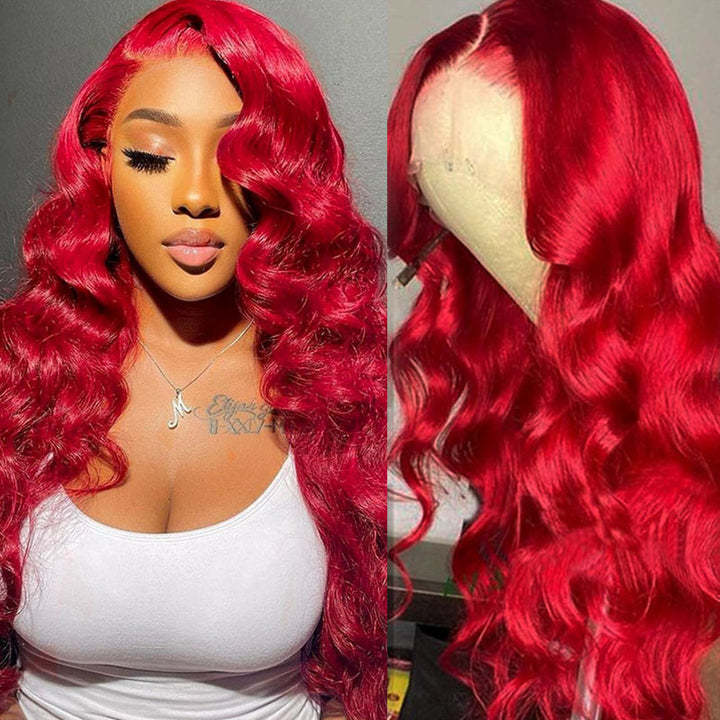 Wholesale Virgin Brazilian Hair 150% Density 13x4 Body Wave Red Colored Wigs Human Hair Transparent Lace Front Wig