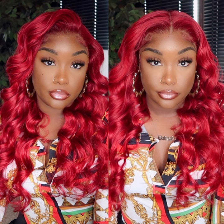 Wholesale Virgin Brazilian Hair 150% Density 13x4 Body Wave Red Colored Wigs Human Hair Transparent Lace Front Wig