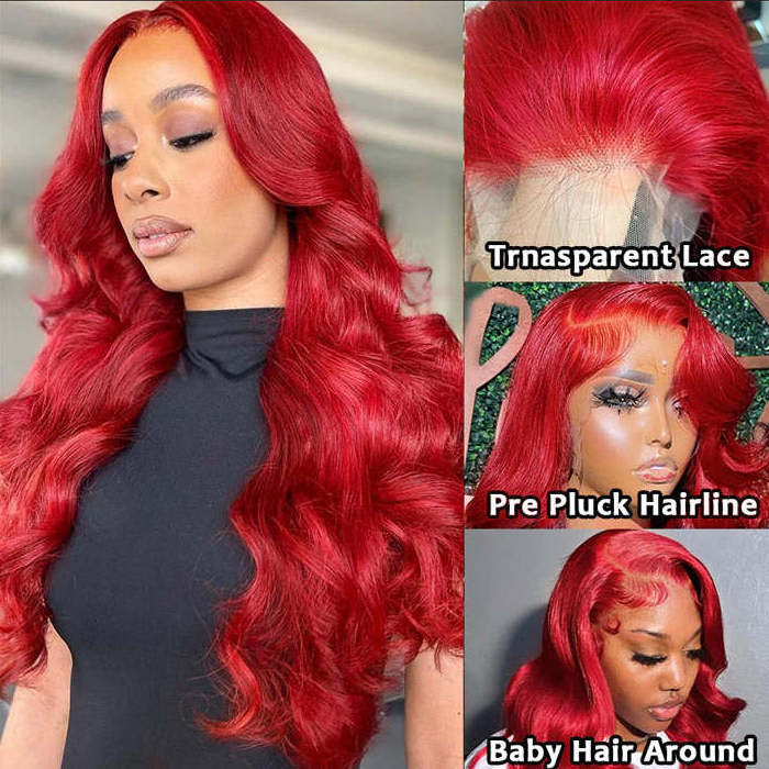 Wholesale Virgin Brazilian Hair 150% Density 13x4 Body Wave Red Colored Wigs Human Hair Transparent Lace Front Wig