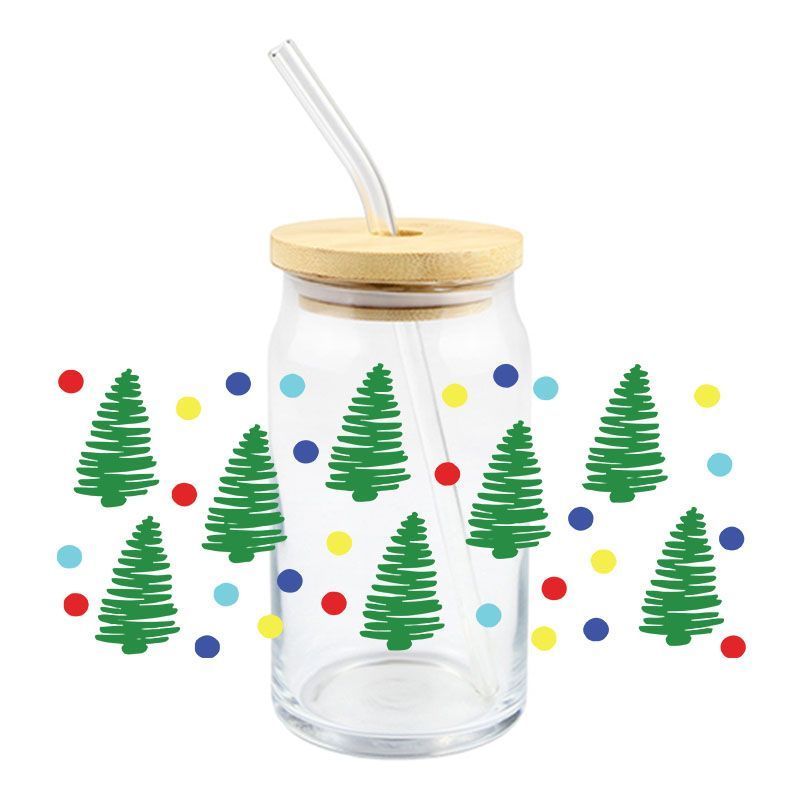 Christmas Tree Uv Dtf Transfer Sticker For Cups Bottles Professional Custom Design Uv Wraps Decals Glasses Dtf Labels