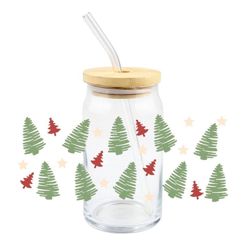 Christmas Tree Uv Dtf Transfer Sticker For Cups Bottles Professional Custom Design Uv Wraps Decals Glasses Dtf Labels