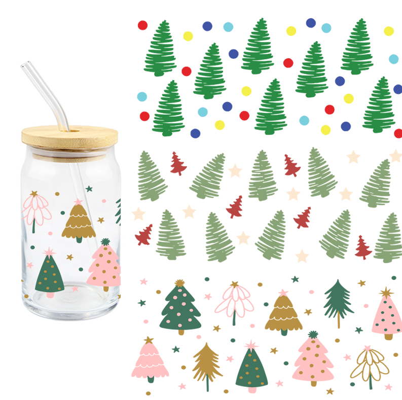 Christmas Tree Uv Dtf Transfer Sticker For Cups Bottles Professional Custom Design Uv Wraps Decals Glasses Dtf Labels