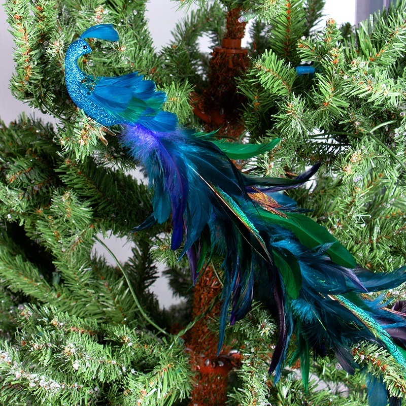 Wholesale Custom Artificial Long Tail Blue Peacock and Clip For Christmas Decoration Xmas Tree Ornaments