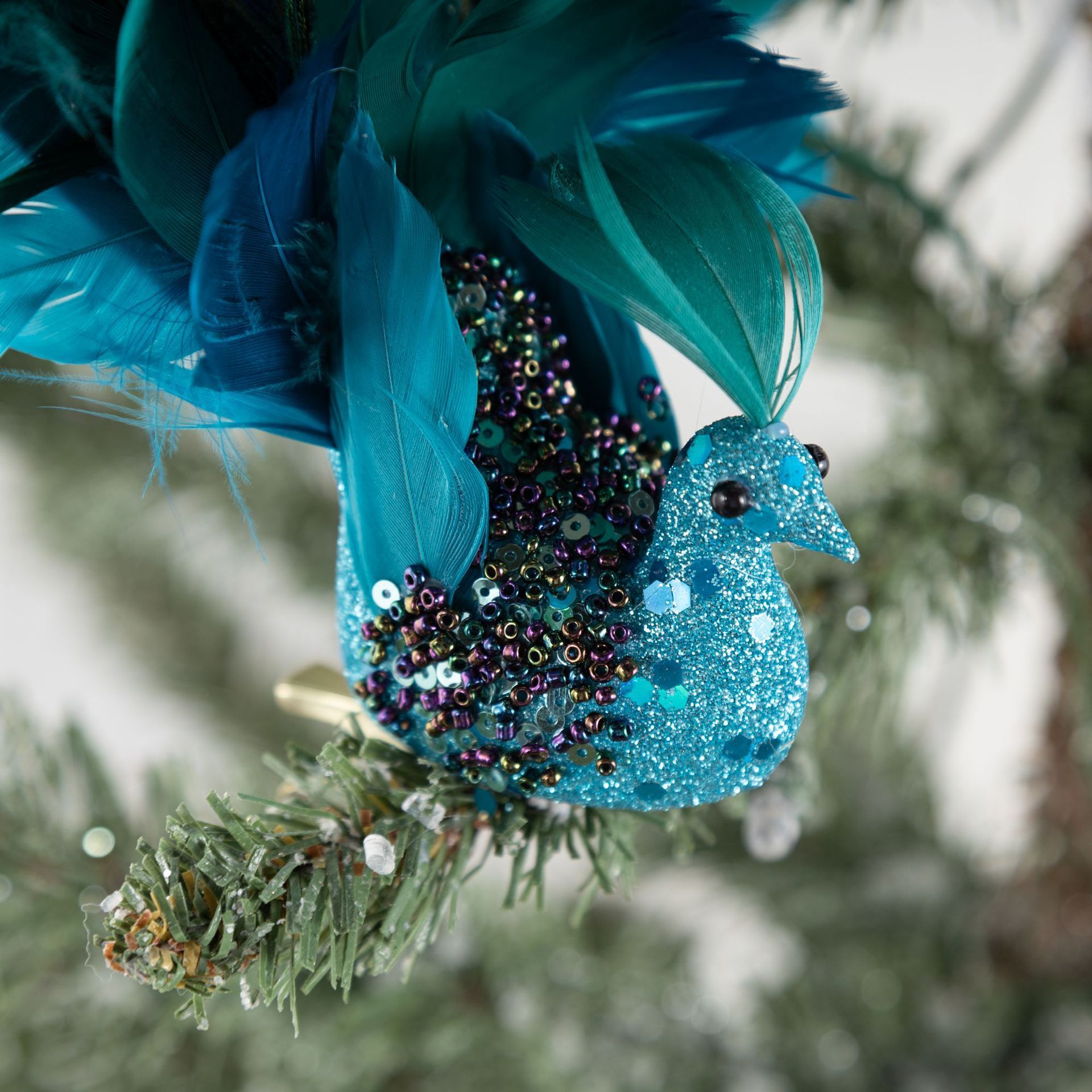 Noxinda 12 INCH Glittered Blue Peacock With Feathery Tail Clip-On Decorative Feather Peacock Ornament