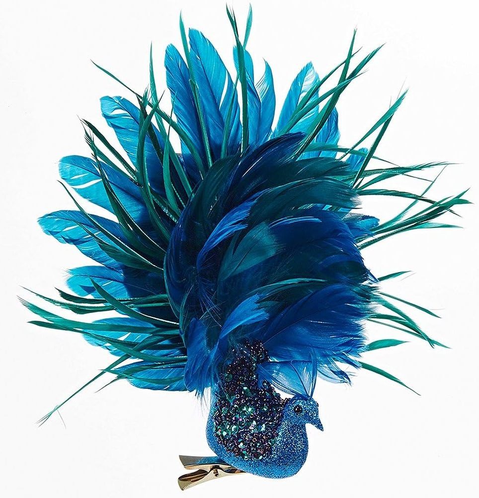 Noxinda 12 INCH Glittered Blue Peacock With Feathery Tail Clip-On Decorative Feather Peacock Ornament