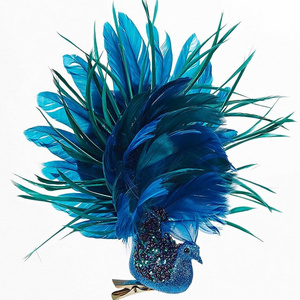 Noxinda 12 INCH Glittered Blue Peacock With Feathery Tail Clip-On Decorative Feather Peacock Ornament