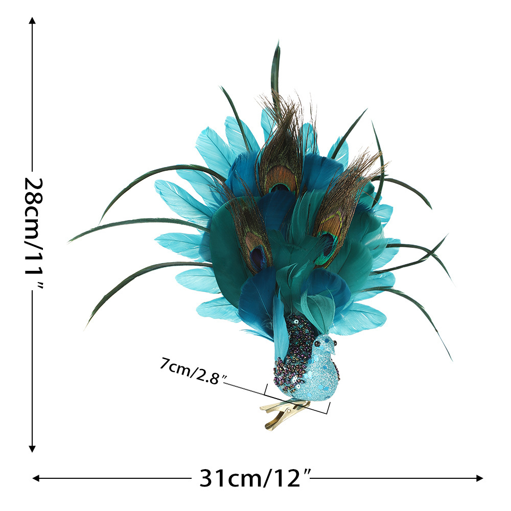 Noxinda 12 INCH Glittered Blue Peacock With Feathery Tail Clip-On Decorative Feather Peacock Ornament