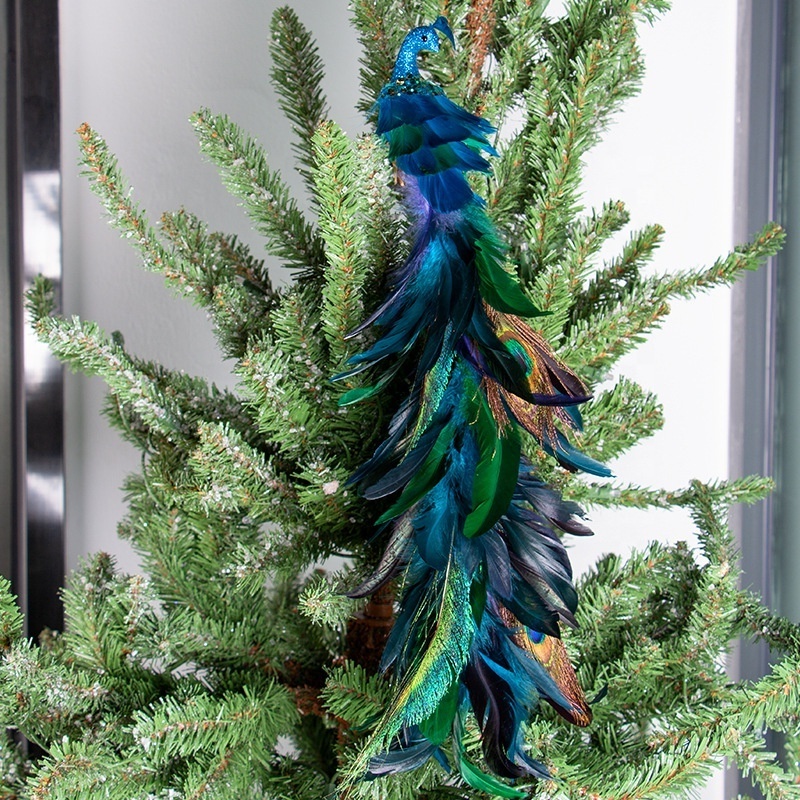 Wholesale Custom Artificial Long Tail Blue Peacock and Clip For Christmas Decoration Xmas Tree Ornaments