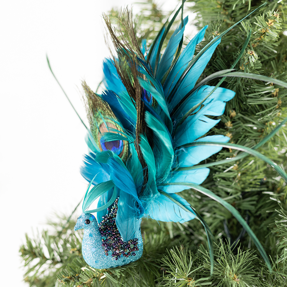 Noxinda 12 INCH Glittered Blue Peacock With Feathery Tail Clip-On Decorative Feather Peacock Ornament