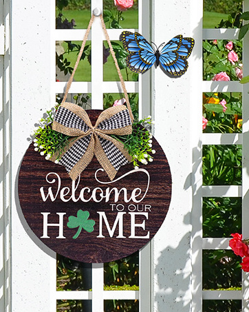 Welcome Sign Wreaths 12 Inches Seasonal Solid Round Rustic Wood Sign for Valentine's Day Decorations Hanging Front Door