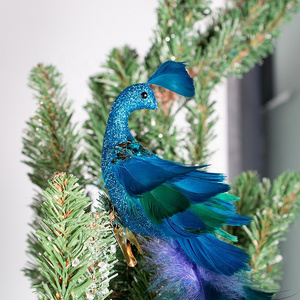 Wholesale Custom Artificial Long Tail Blue Peacock and Clip For Christmas Decoration Xmas Tree Ornaments