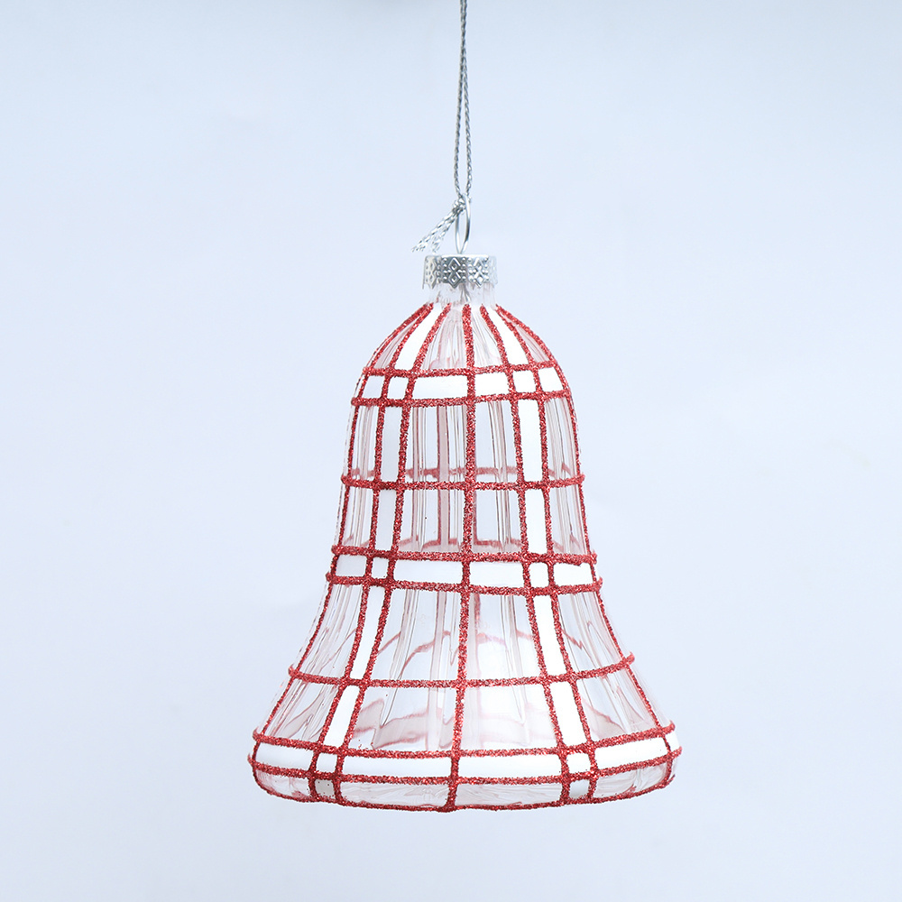 Noxinda Red and White Checkered Ribbon Glass Bell Tree Decoration Glass Bells Christmas Ornaments For Christmas Tree