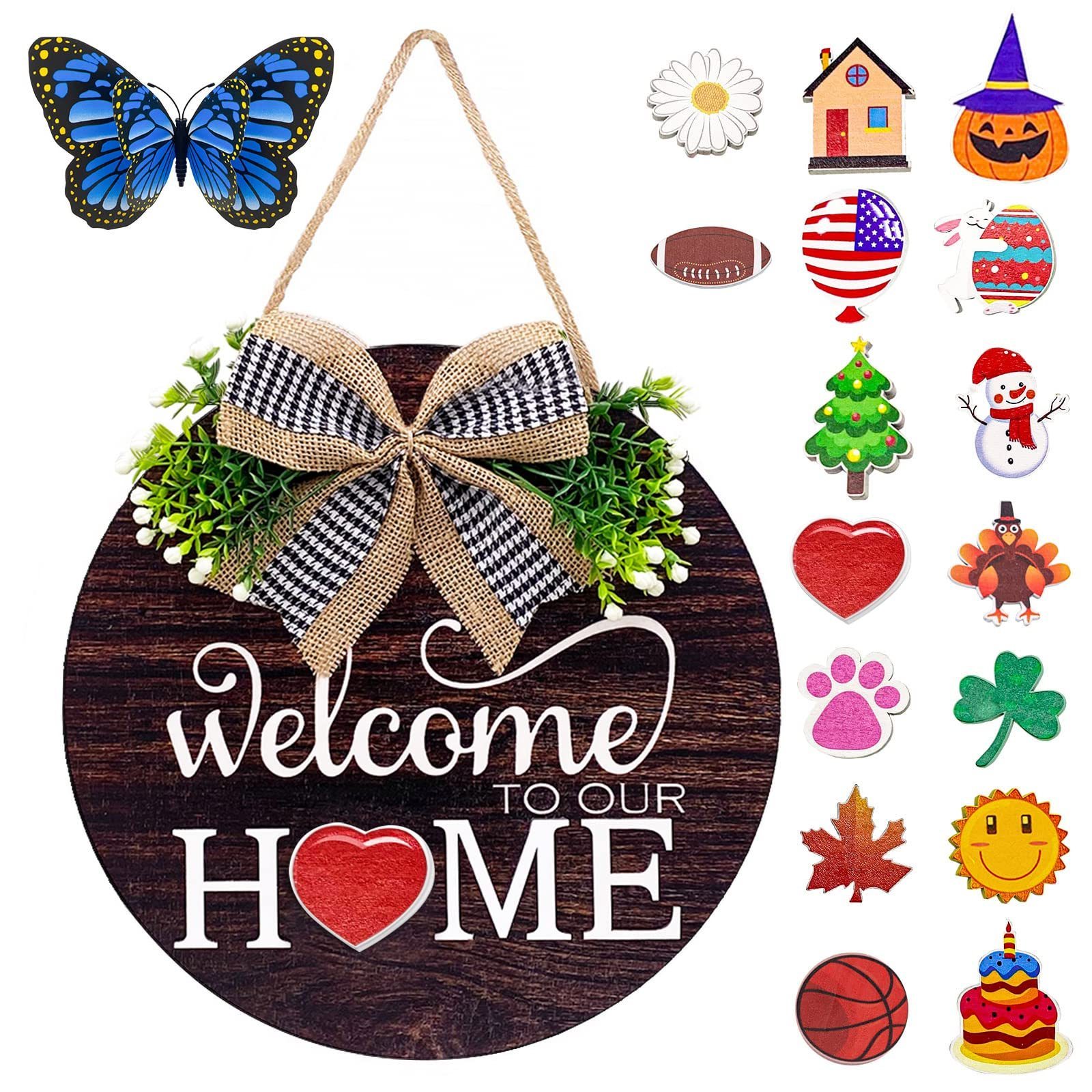 Welcome Sign Wreaths 12 Inches Seasonal Solid Round Rustic Wood Sign for Valentine's Day Decorations Hanging Front Door