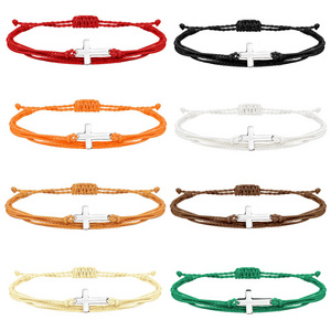 Handmade Woven Bracelet Wholesale Couple Stainless Steel Adjustable Friendship Bracelets Jewelry Gift Braided Rope Cross Charm