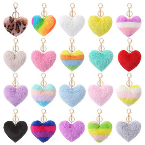 Heart Pom Pom Keychain 10CM Colored Bulk Fluffy Fur Puff Ball Key For Women PomPom Keychains Heart Shaped Pompoms Keyring