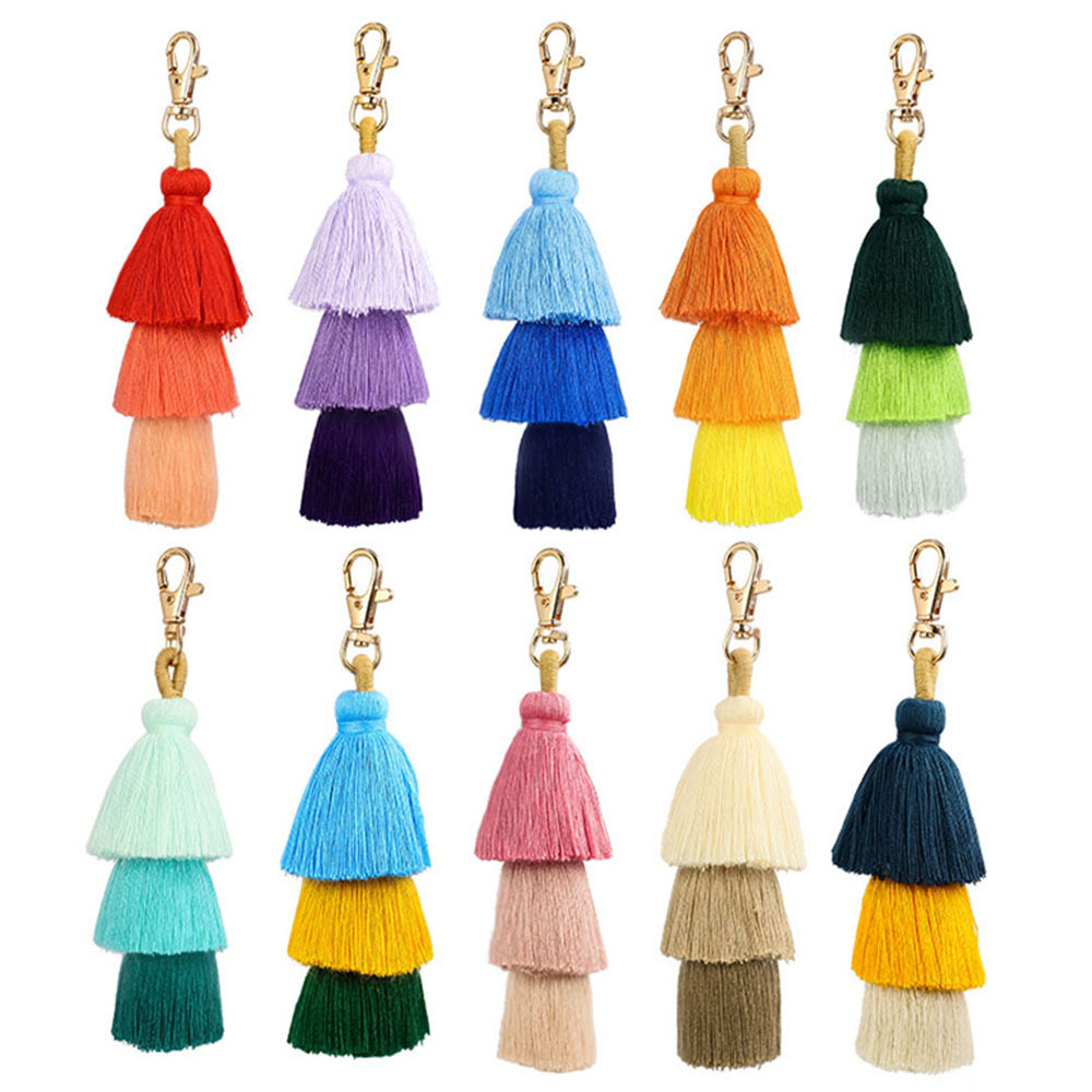 Handmade Bohemian Tassel Keychain Bag Key Chain Charm Handbags Pendant Boho Three Layered Tiered Tassels Keychains Purse Charms