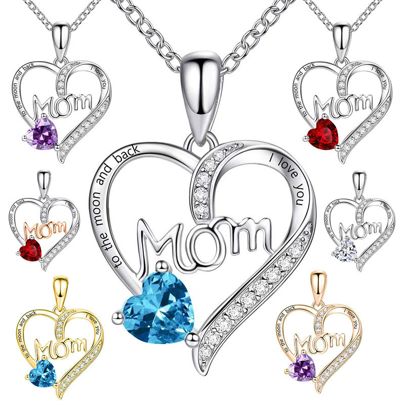 Mom Birthstone Pendant Necklace Women Birthday Gifts Mom Jewelry Mothers Day Gift Heart Shape Charm Crystal Pendants Necklaces