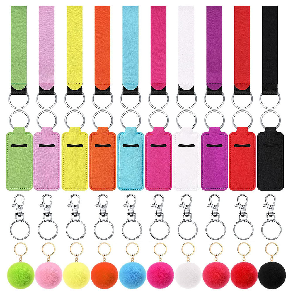 30ml Bottle Hand Sanitizer Chapstick Lopstick Lip Balm Holder Keychain Pouch Fluffy Pompom Ball Keychain With 3cm Circle Keyring