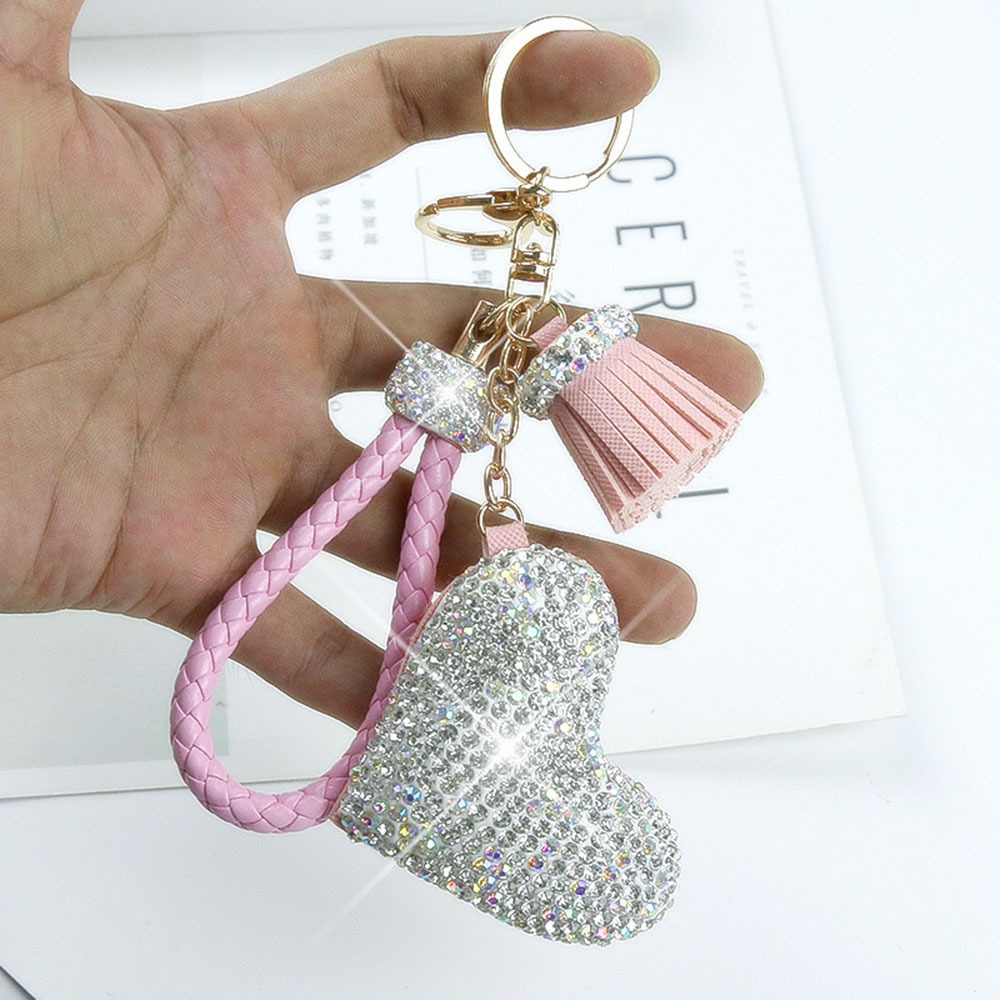 New Luxury Cartoon Diamond Leather Bag Charm Key Chain Accessories Key Ring Wristlet Designer Rhinestone Heart Keychains