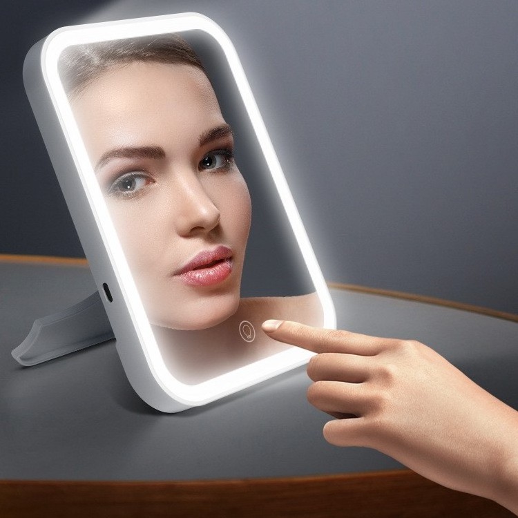 Vanity Mirror With Light Three Led Color Light Switch Dimming Square Leather Portable Folding Makeup Mirror