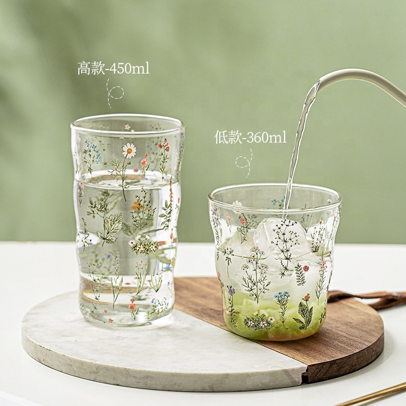 Flower Printing Partysu Glass Drinking Cup Household Milk Coffee Glass Cup Portable Cloud Milk Cup