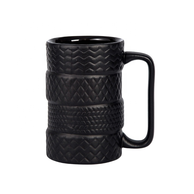 3D Cool Black Tyre Tire Shaped Frosted Ceramic Mug Large Coffee Tea Cup with Wrench Handle for Unique Gifts