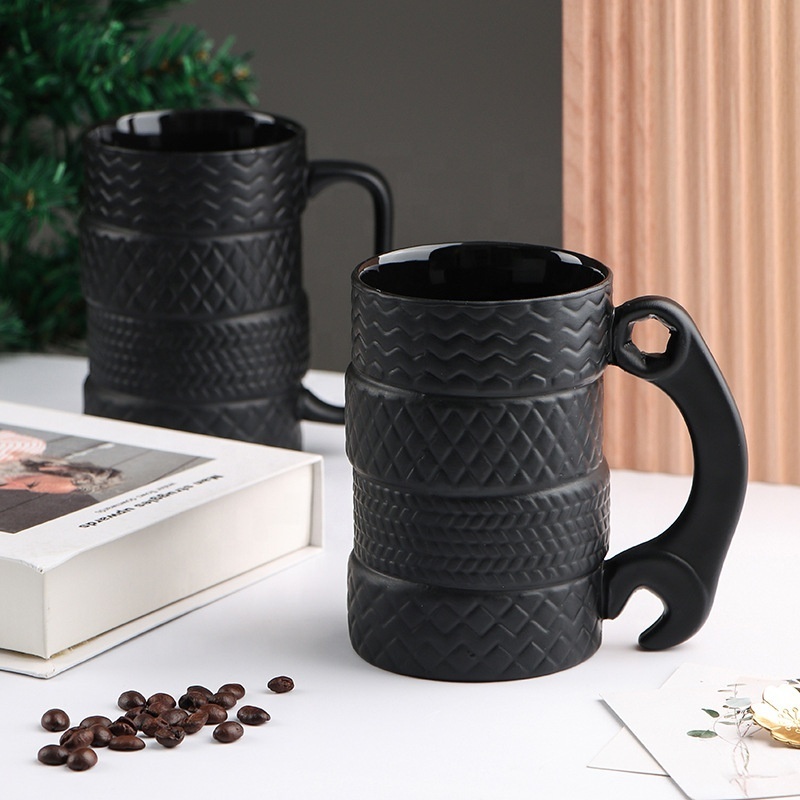 3D Cool Black Tyre Tire Shaped Frosted Ceramic Mug Large Coffee Tea Cup with Wrench Handle for Unique Gifts