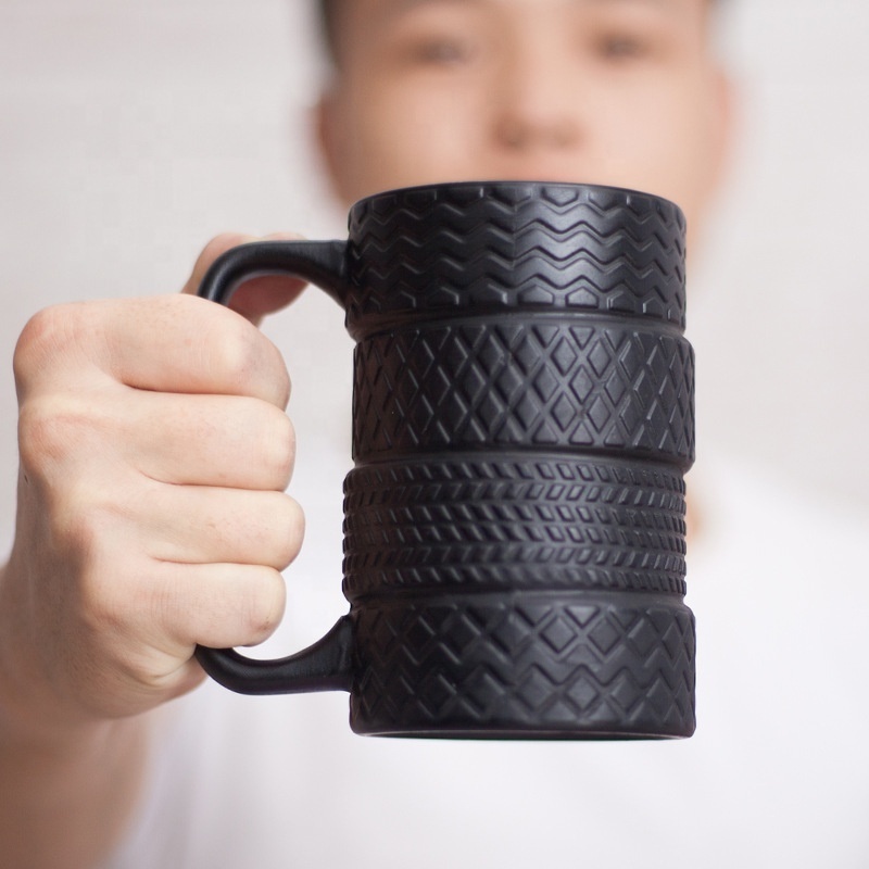 3D Cool Black Tyre Tire Shaped Frosted Ceramic Mug Large Coffee Tea Cup with Wrench Handle for Unique Gifts