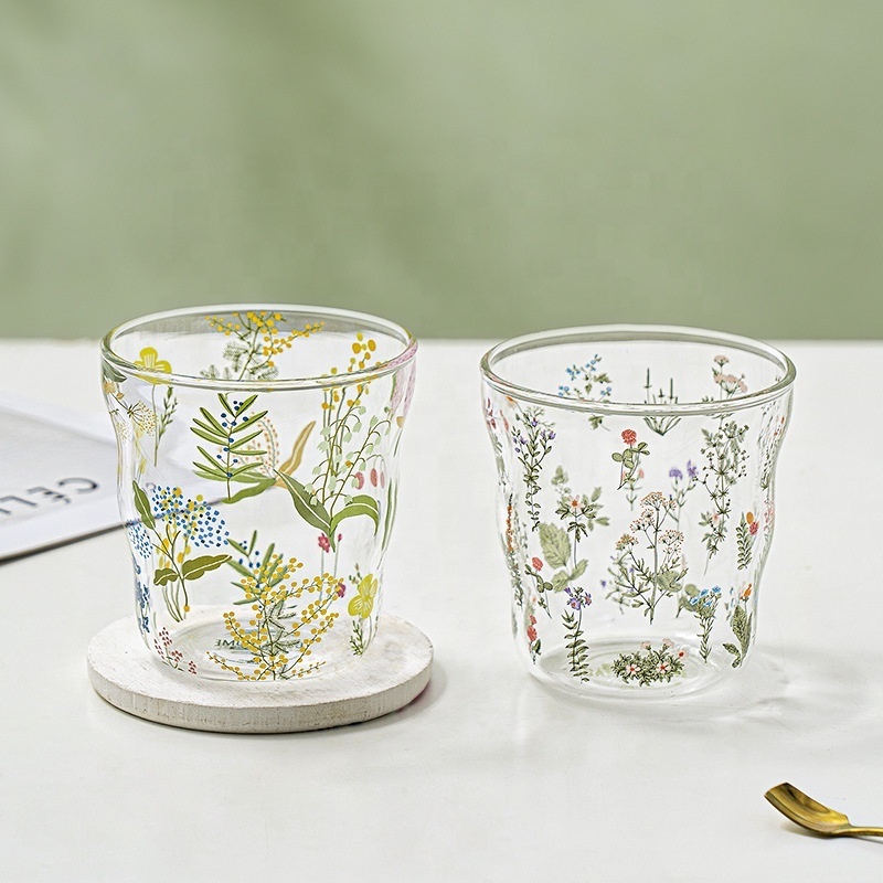 Flower Printing Partysu Glass Drinking Cup Household Milk Coffee Glass Cup Portable Cloud Milk Cup