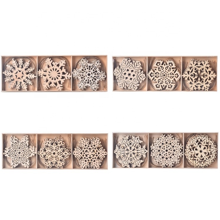 18PCS Wooden Snowflakes Ornaments 4 inch Wood Hanging Decorations Rustic Christmas Tree Crafts