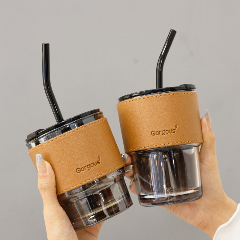 New Wholesale Luxury Customize Logo Transparent Glass Thermal Insulation Leather Layer Coffee Mug Water Cup With Lid and Straw