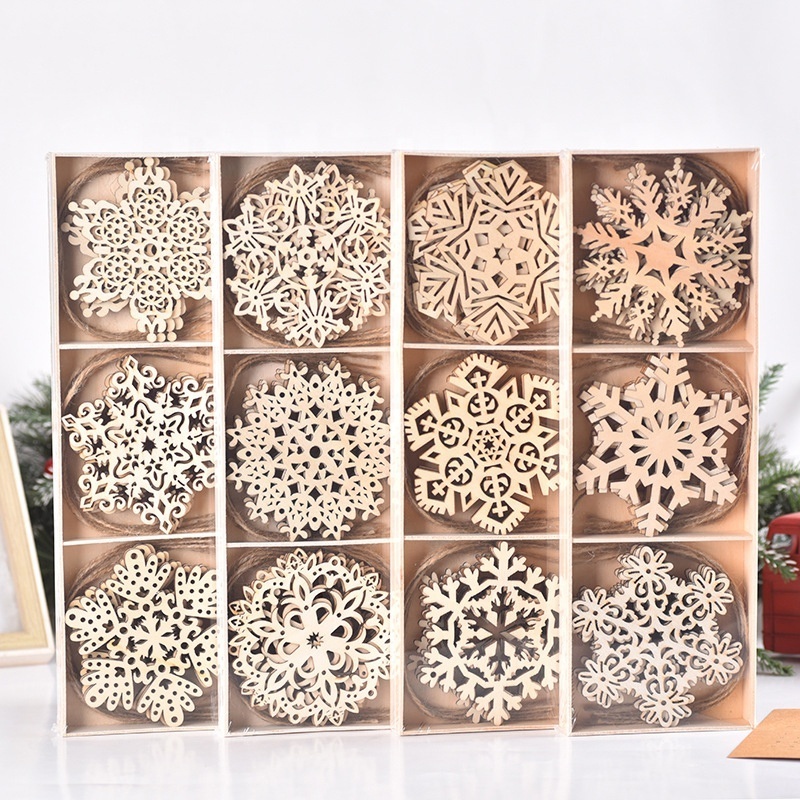 18PCS Wooden Snowflakes Ornaments 4 inch Wood Hanging Decorations Rustic Christmas Tree Crafts