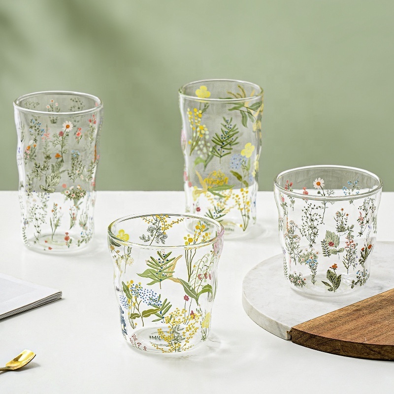 Flower Printing Partysu Glass Drinking Cup Household Milk Coffee Glass Cup Portable Cloud Milk Cup