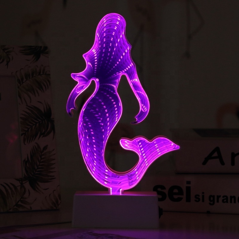 3D Creative Tunnel Lamp Cactus Led Mirror Tunnel Light Desktop Lamp Flamingo Mermaid USB Night Lights Party Home Decor