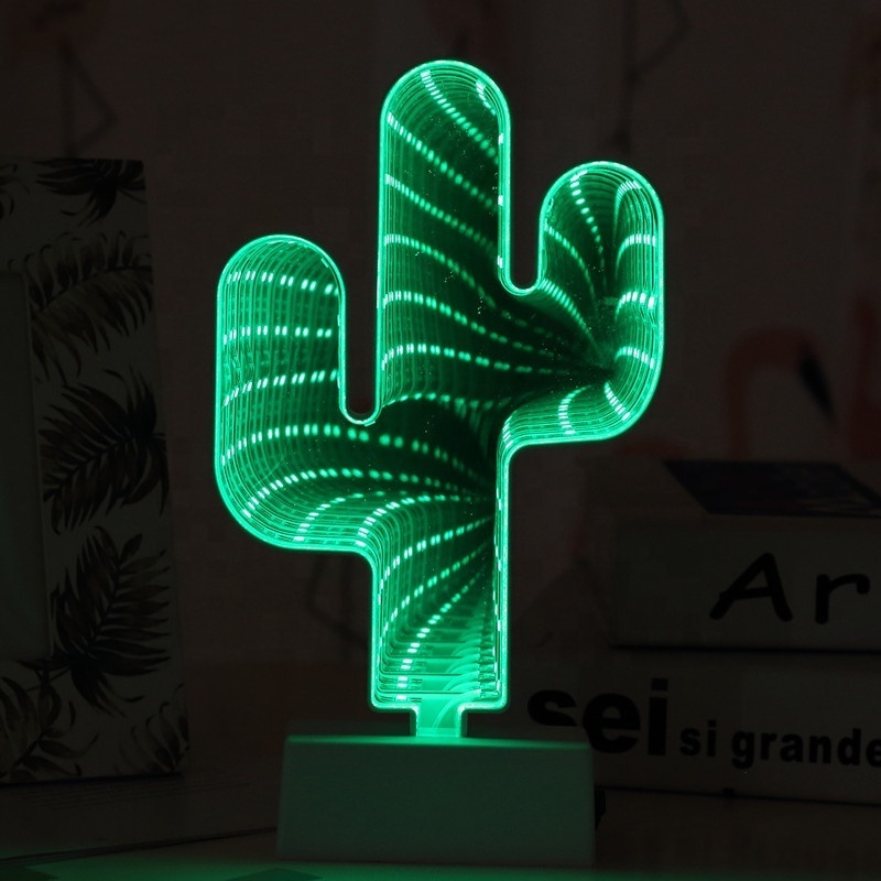 3D Creative Tunnel Lamp Cactus Led Mirror Tunnel Light Desktop Lamp Flamingo Mermaid USB Night Lights Party Home Decor