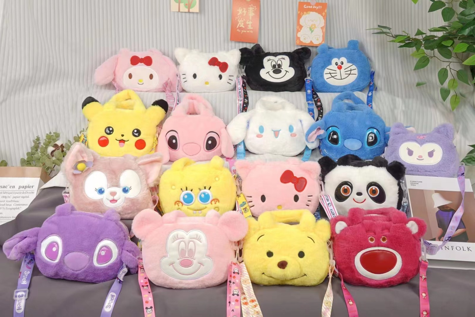 Factory Anime Plush Bag Sanrio Melody Kuromi Kitty Plush Backpack Cinnamoroll JJ boy Stitch Pikachu Plush Toy Backpack