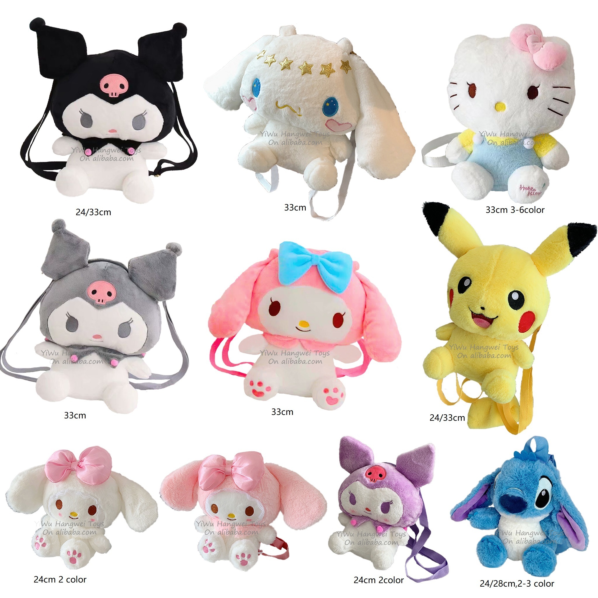 Factory Anime Plush Bag Sanrio Melody Kuromi Kitty Plush Backpack Cinnamoroll JJ boy Stitch Pikachu Plush Toy Backpack