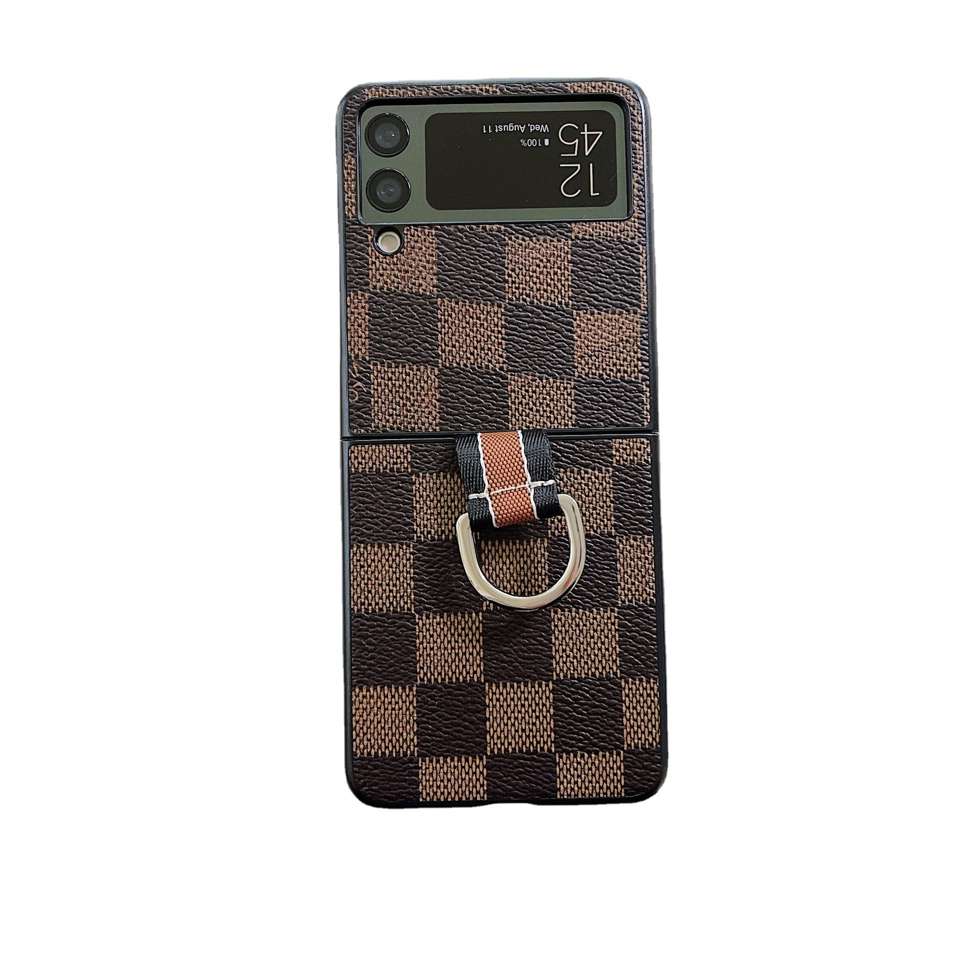 Retro Leather Plaid PC Phone Cover Folding Case for Samsung Galaxy Z Flip 3 4 5g with Holding Ring