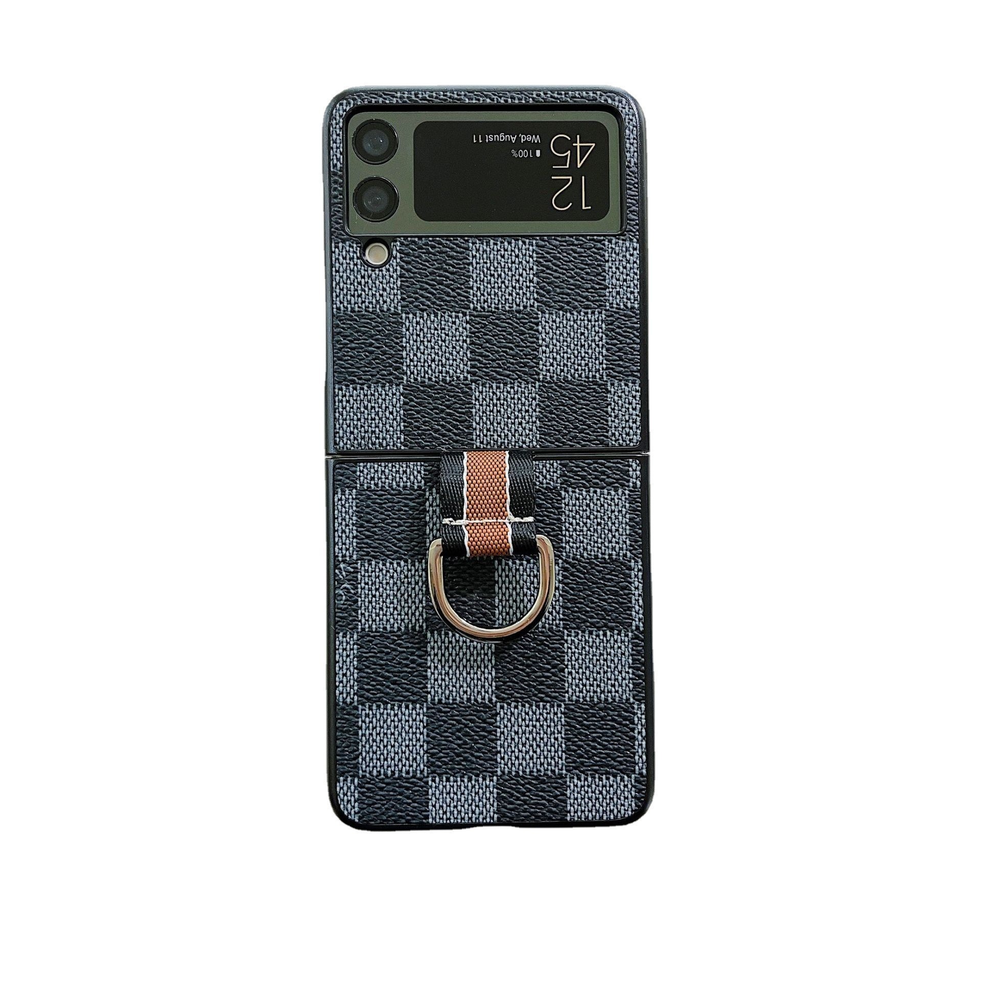 Retro Leather Plaid PC Phone Cover Folding Case for Samsung Galaxy Z Flip 3 4 5g with Holding Ring